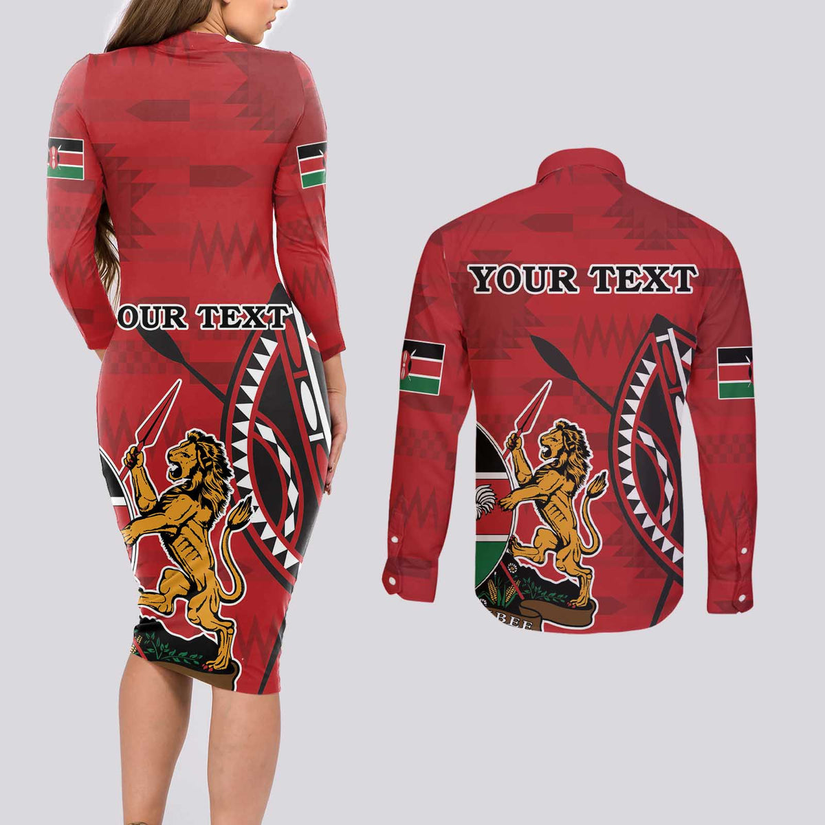 Personalized Kenya Coat Of Arms Couples Matching Long Sleeve Bodycon Dress and Long Sleeve Button Shirt Ethnic Seamless Pattern - Wonder Print Shop