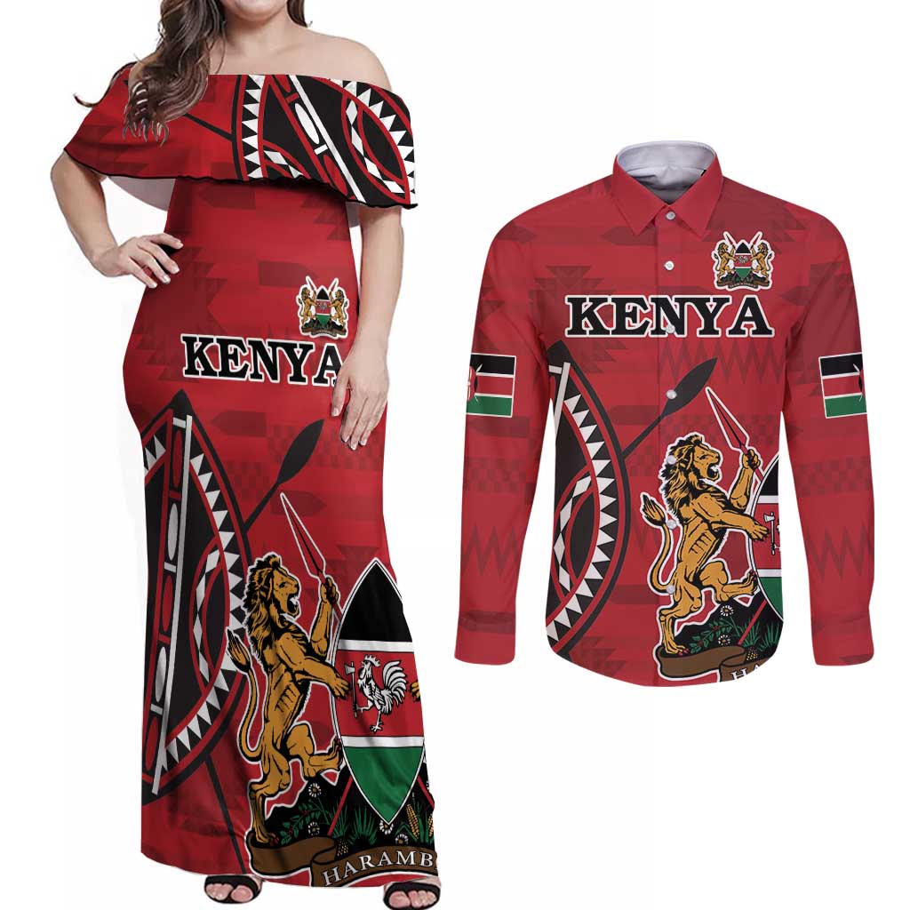 Personalized Kenya Coat Of Arms Couples Matching Off Shoulder Maxi Dress and Long Sleeve Button Shirt Ethnic Seamless Pattern - Wonder Print Shop