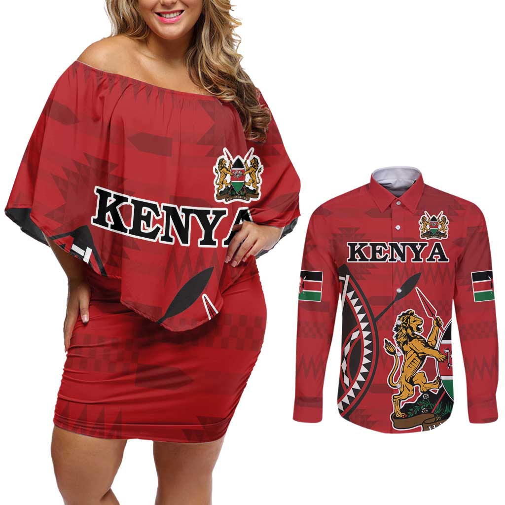 Personalized Kenya Coat Of Arms Couples Matching Off Shoulder Short Dress and Long Sleeve Button Shirt Ethnic Seamless Pattern - Wonder Print Shop