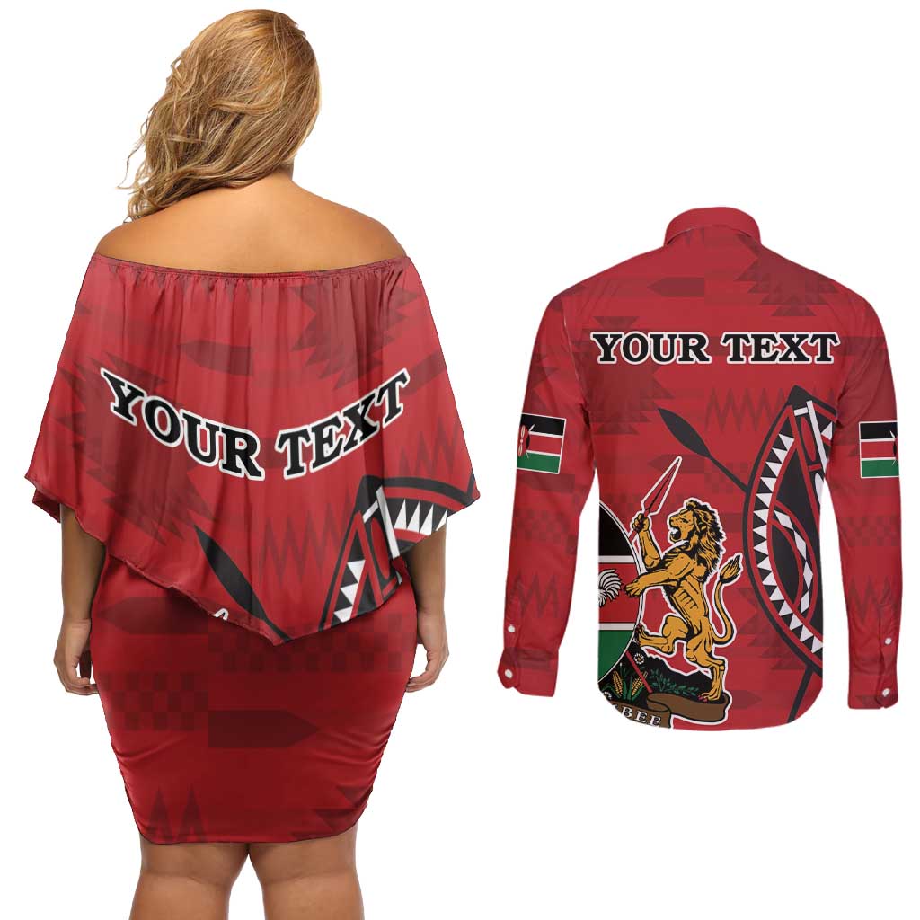 Personalized Kenya Coat Of Arms Couples Matching Off Shoulder Short Dress and Long Sleeve Button Shirt Ethnic Seamless Pattern - Wonder Print Shop