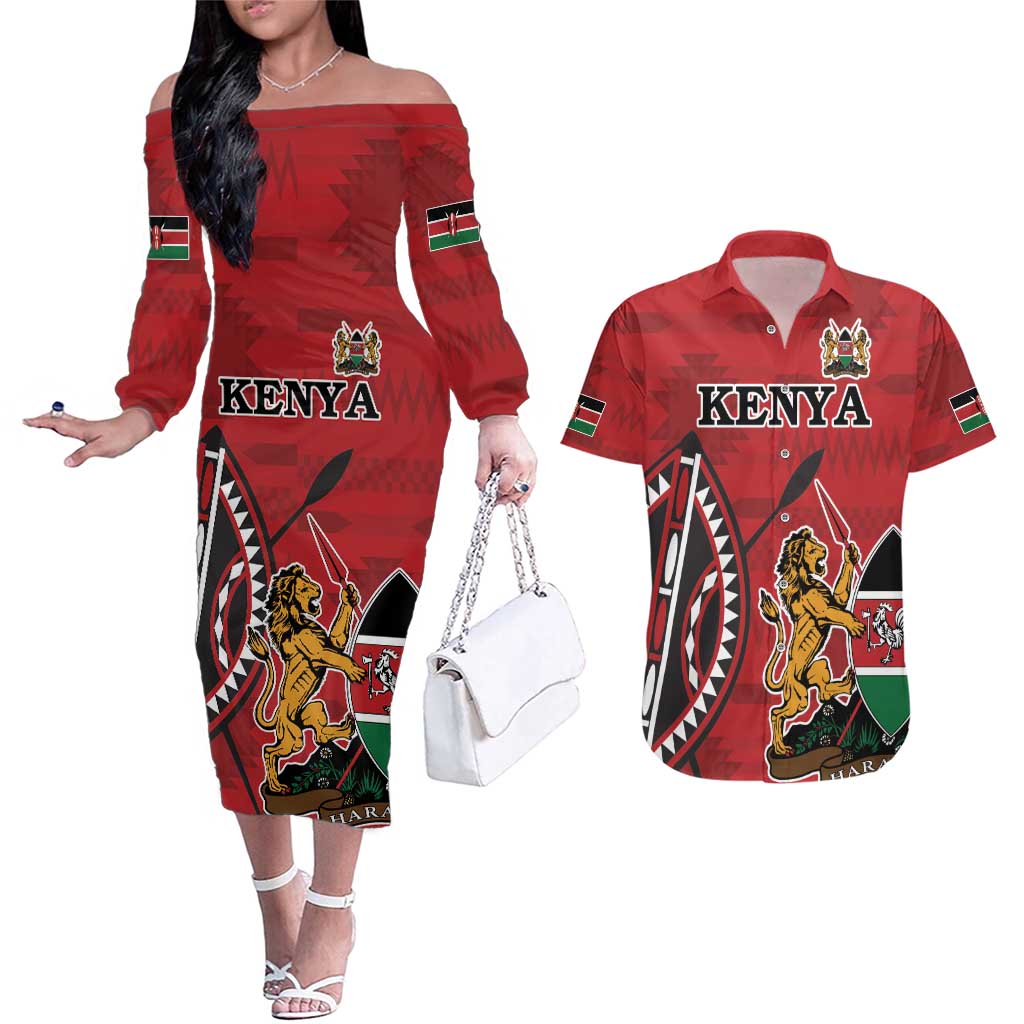 Personalized Kenya Coat Of Arms Couples Matching Off The Shoulder Long Sleeve Dress and Hawaiian Shirt Ethnic Seamless Pattern - Wonder Print Shop