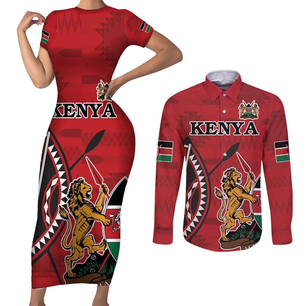Personalized Kenya Coat Of Arms Couples Matching Short Sleeve Bodycon Dress and Long Sleeve Button Shirt Ethnic Seamless Pattern - Wonder Print Shop