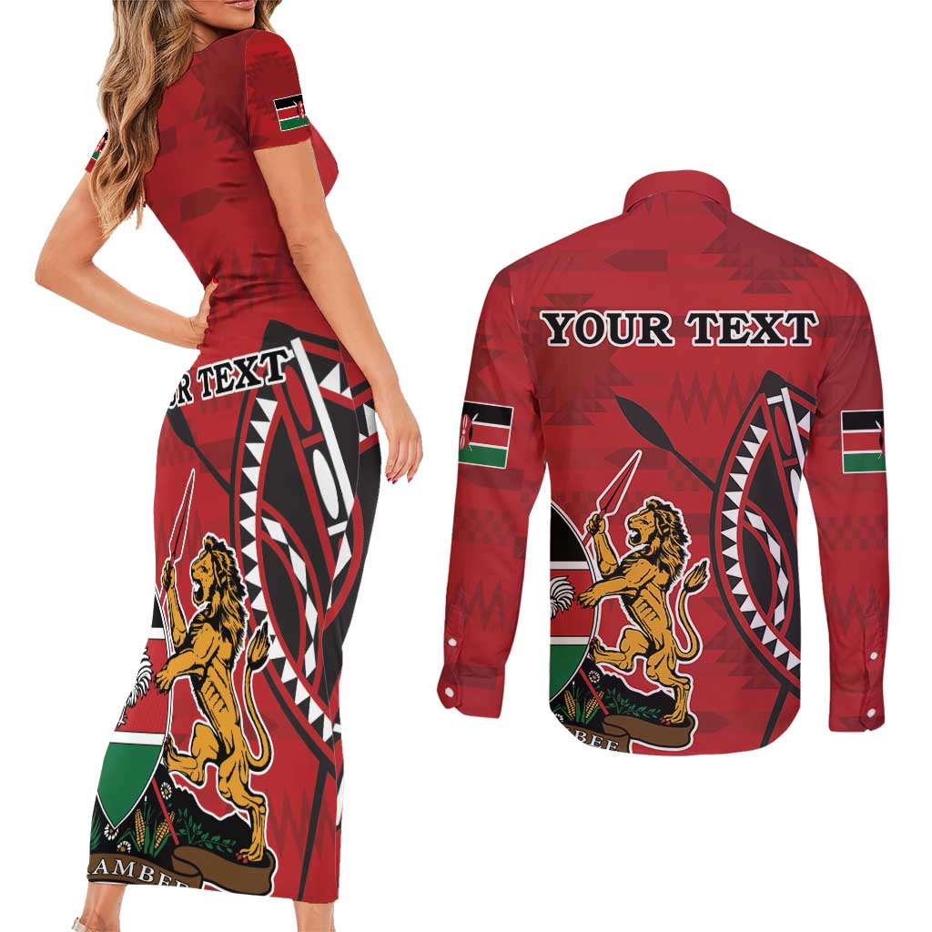 Personalized Kenya Coat Of Arms Couples Matching Short Sleeve Bodycon Dress and Long Sleeve Button Shirt Ethnic Seamless Pattern - Wonder Print Shop
