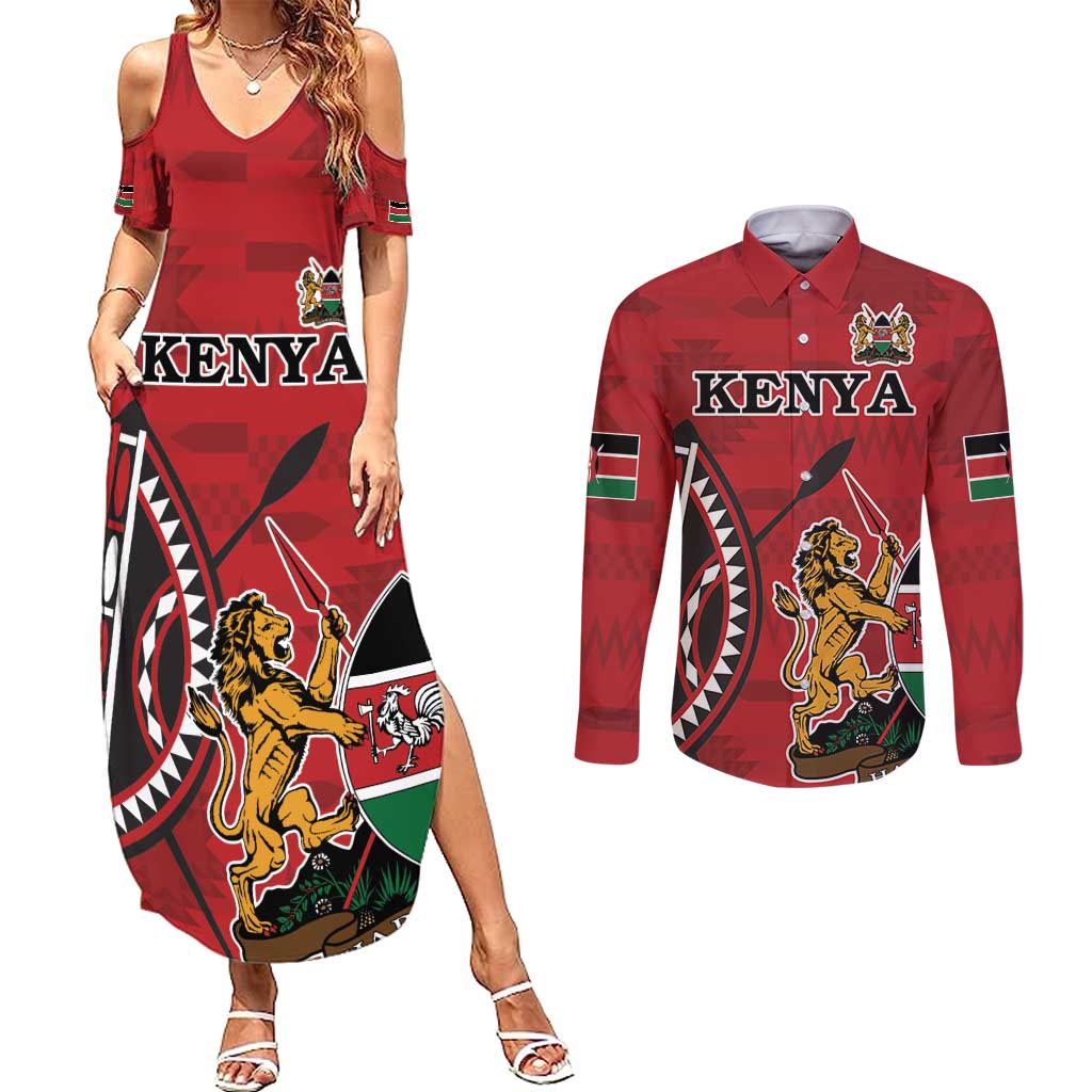 Personalized Kenya Coat Of Arms Couples Matching Summer Maxi Dress and Long Sleeve Button Shirt Ethnic Seamless Pattern - Wonder Print Shop