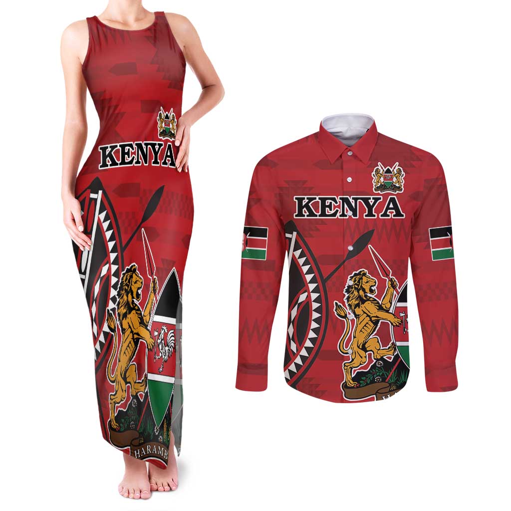 Personalized Kenya Coat Of Arms Couples Matching Tank Maxi Dress and Long Sleeve Button Shirt Ethnic Seamless Pattern - Wonder Print Shop