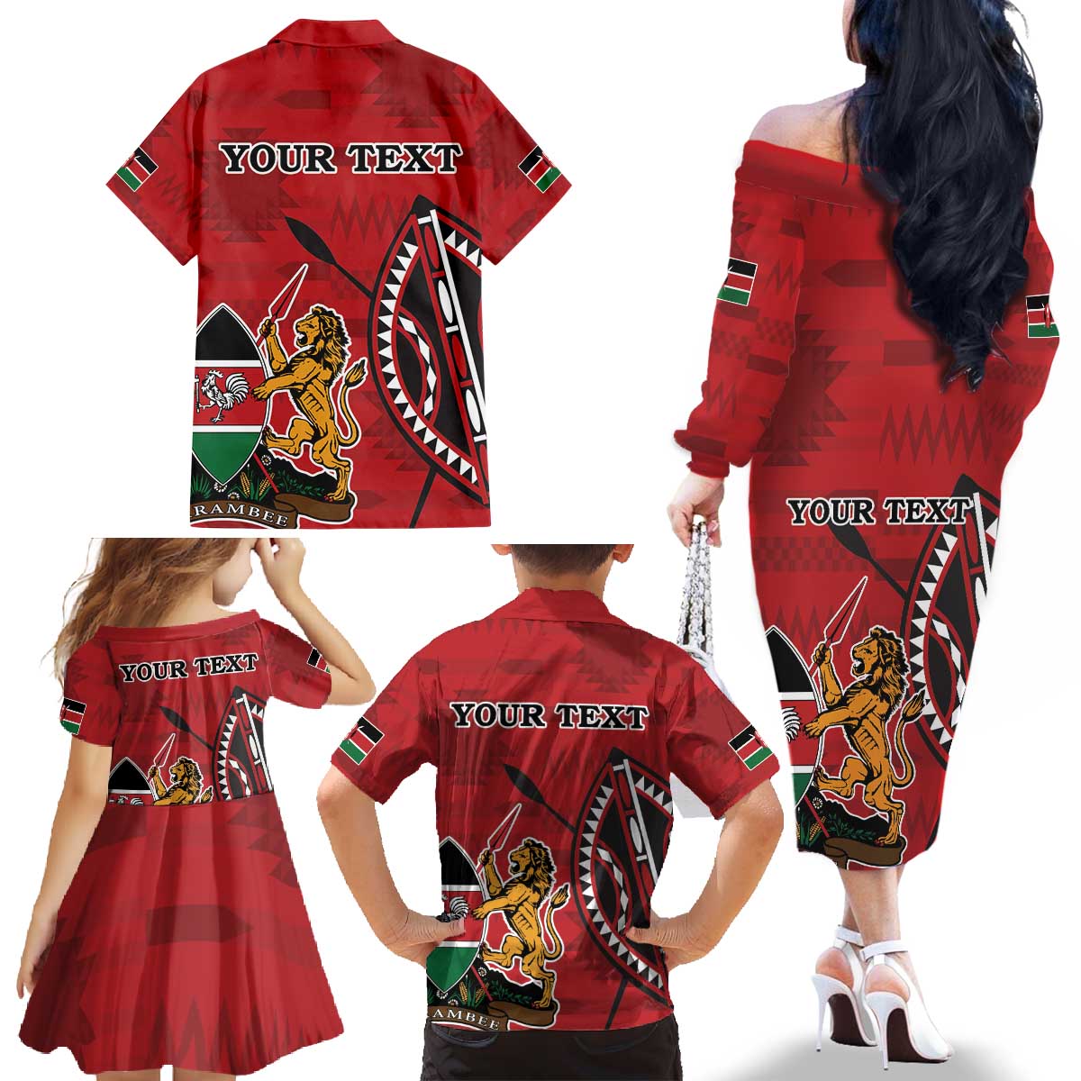 Personalized Kenya Coat Of Arms Family Matching Off The Shoulder Long Sleeve Dress and Hawaiian Shirt Ethnic Seamless Pattern - Wonder Print Shop