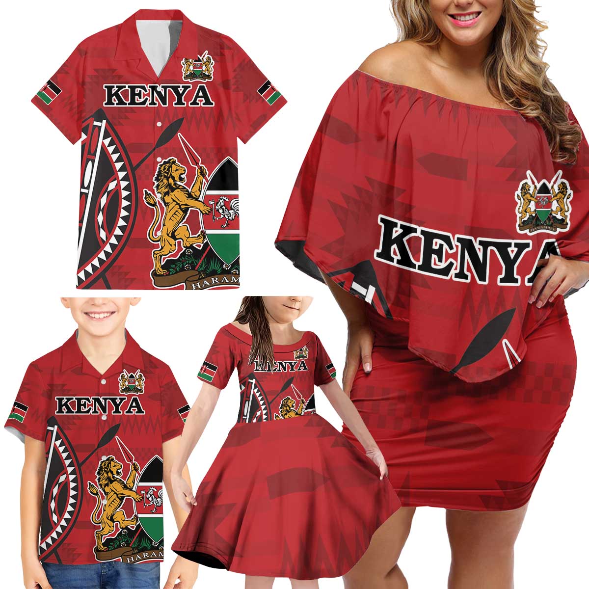 Personalized Kenya Coat Of Arms Family Matching Off Shoulder Short Dress and Hawaiian Shirt Ethnic Seamless Pattern - Wonder Print Shop