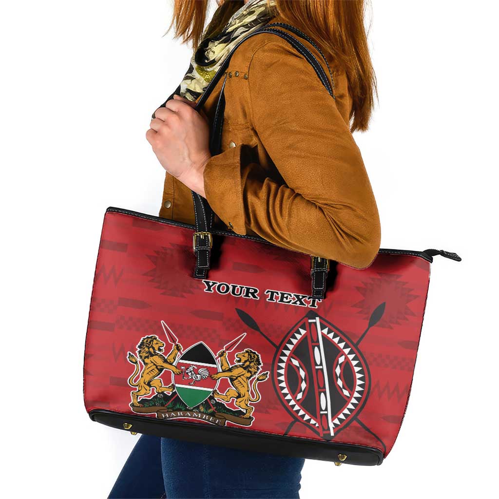 Personalized Kenya Coat Of Arms Leather Tote Bag Ethnic Seamless Pattern - Wonder Print Shop