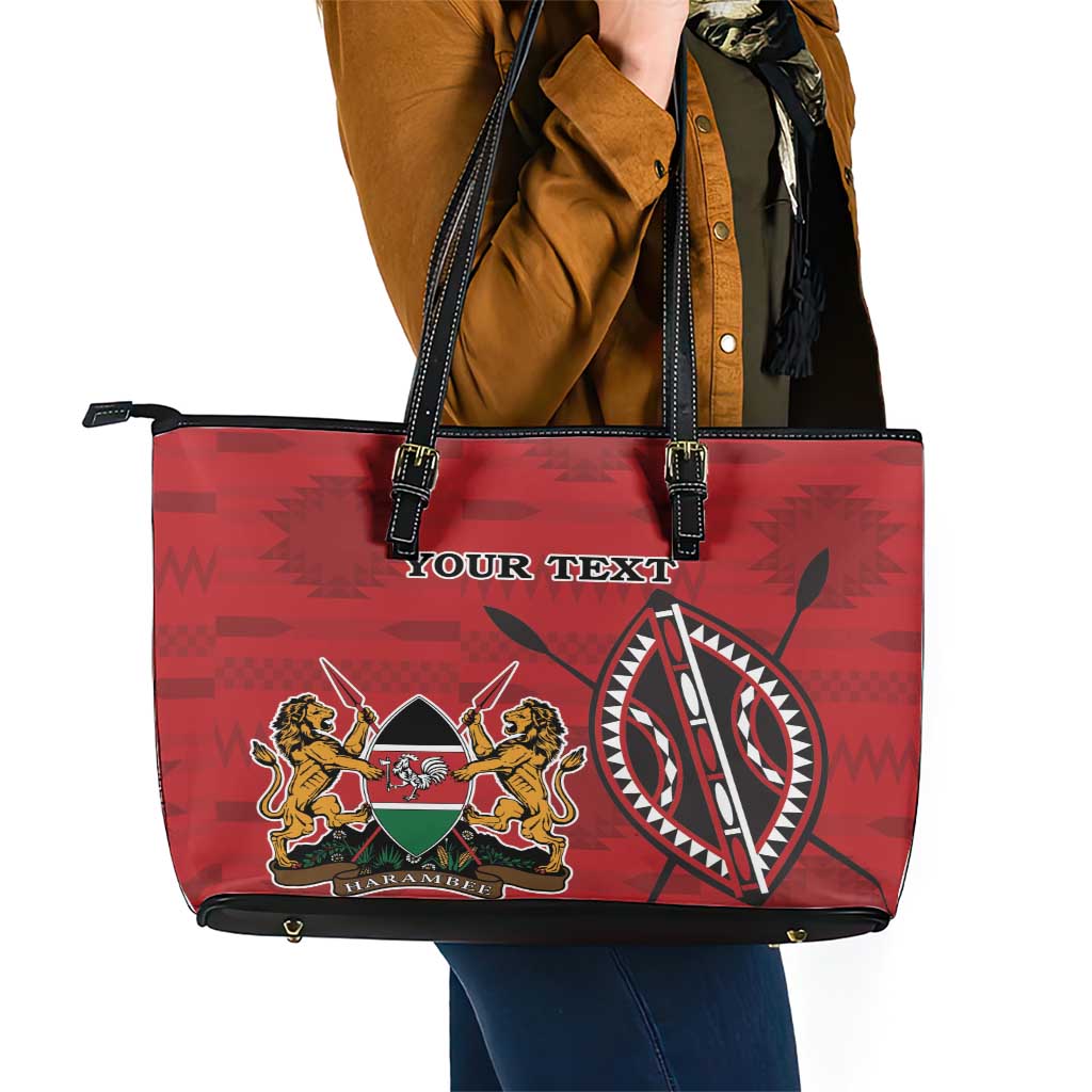 Personalized Kenya Coat Of Arms Leather Tote Bag Ethnic Seamless Pattern - Wonder Print Shop