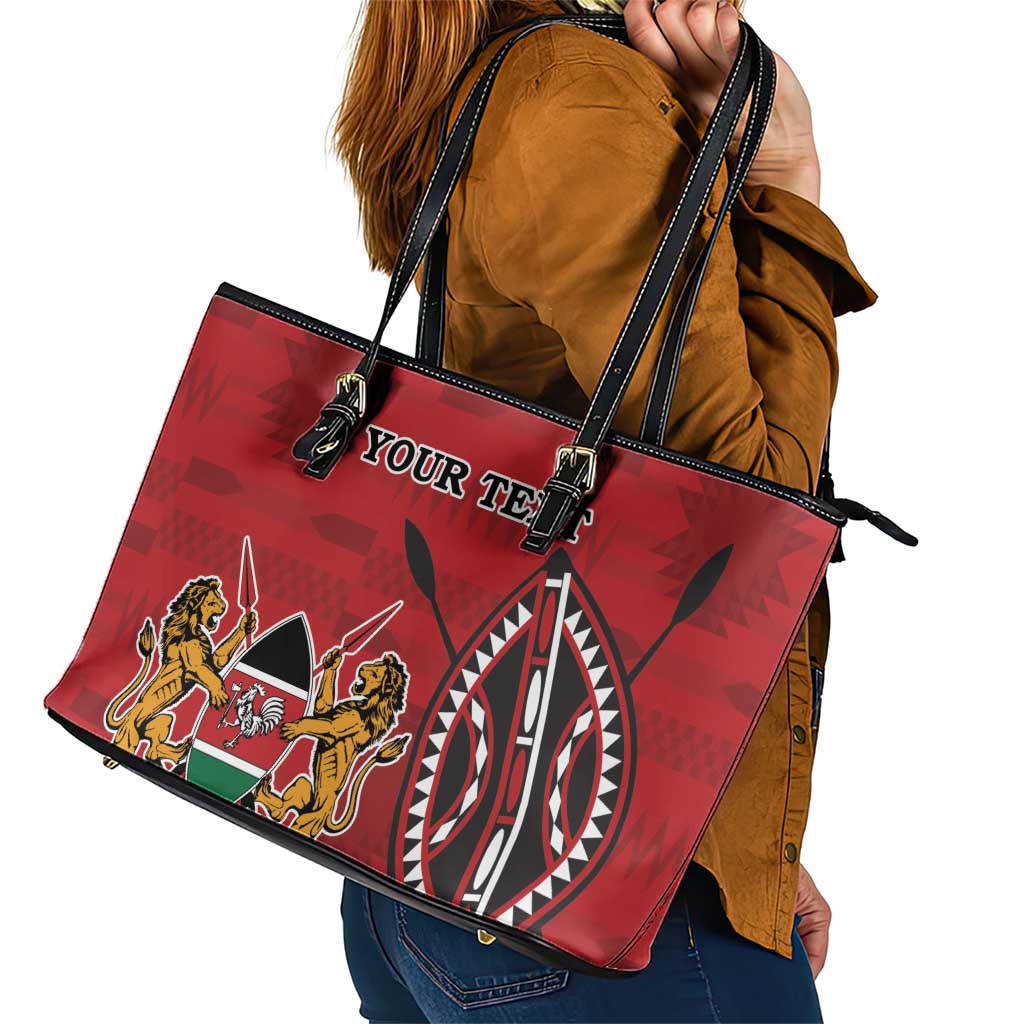 Personalized Kenya Coat Of Arms Leather Tote Bag Ethnic Seamless Pattern - Wonder Print Shop
