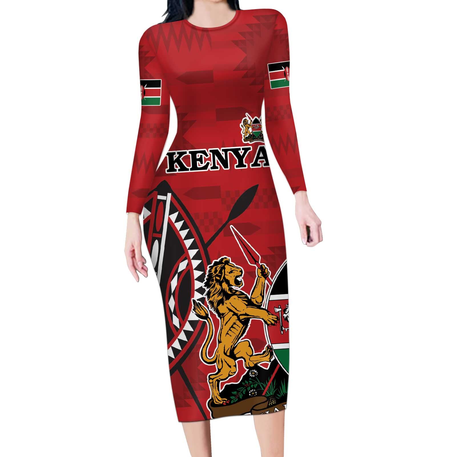 Personalized Kenya Coat Of Arms Long Sleeve Bodycon Dress Ethnic Seamless Pattern - Wonder Print Shop