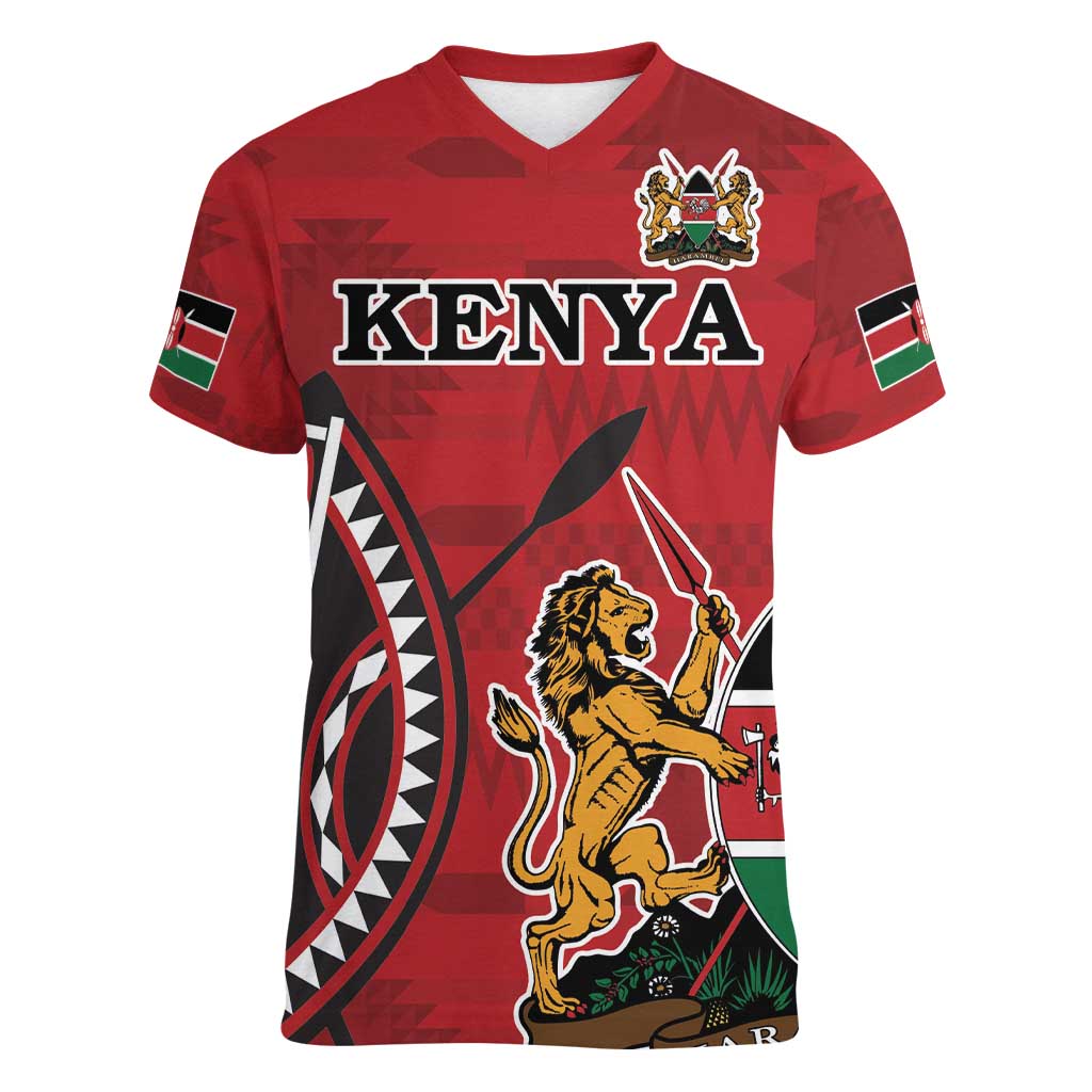 Personalized Kenya Coat Of Arms Women V-Neck T-Shirt Ethnic Seamless Pattern - Wonder Print Shop
