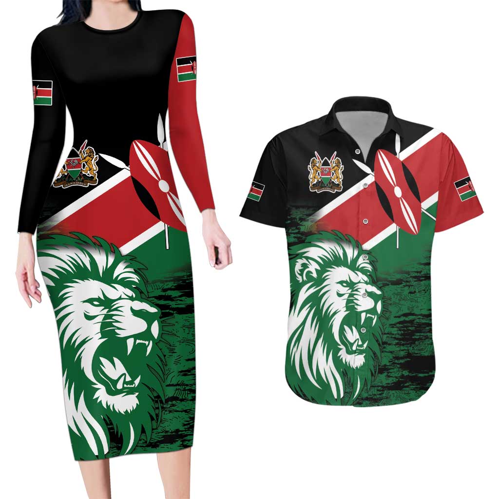 Kenya Lion Head Couples Matching Long Sleeve Bodycon Dress and Hawaiian Shirt Flag Style - Wonder Print Shop