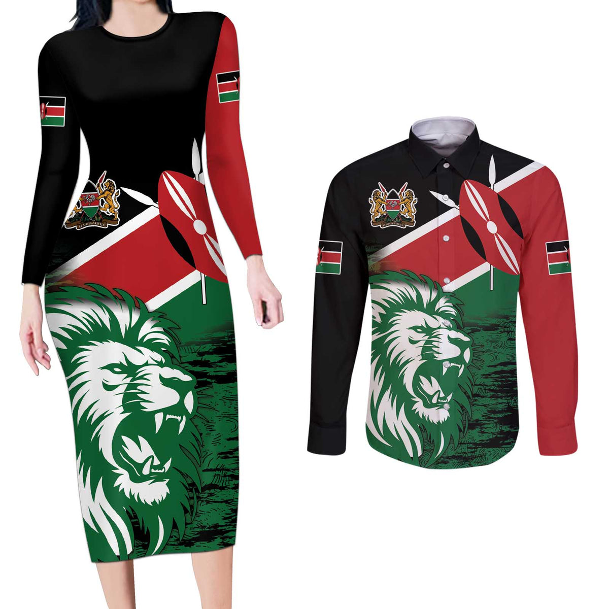 Kenya Lion Head Couples Matching Long Sleeve Bodycon Dress and Long Sleeve Button Shirt Flag Style - Wonder Print Shop