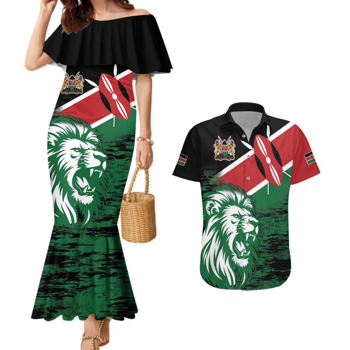 Kenya Lion Head Couples Matching Mermaid Dress and Hawaiian Shirt Flag Style - Wonder Print Shop