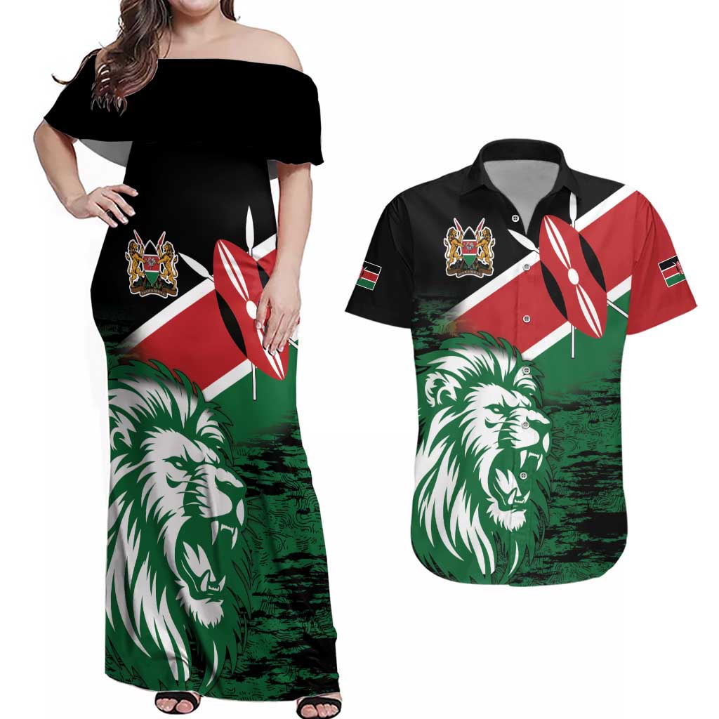 Kenya Lion Head Couples Matching Off Shoulder Maxi Dress and Hawaiian Shirt Flag Style - Wonder Print Shop