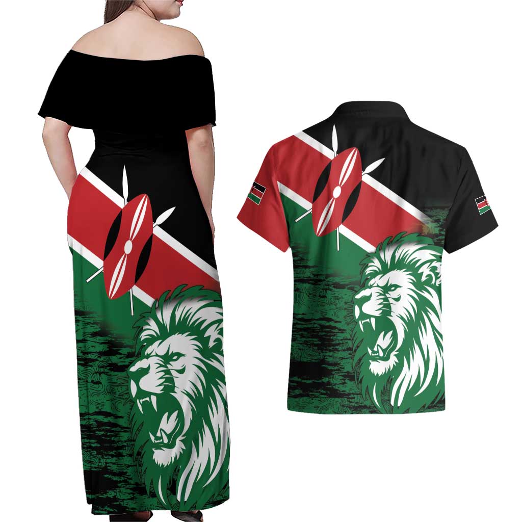 Kenya Lion Head Couples Matching Off Shoulder Maxi Dress and Hawaiian Shirt Flag Style - Wonder Print Shop