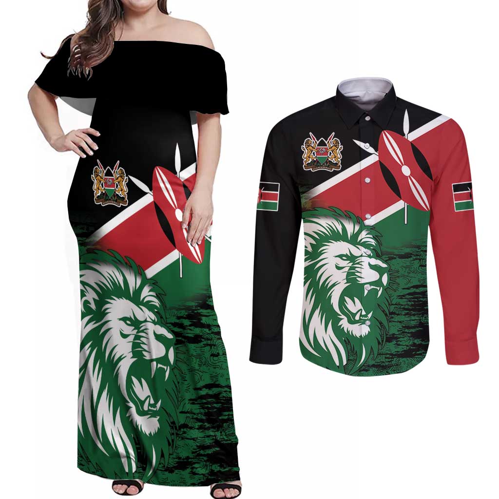 Kenya Lion Head Couples Matching Off Shoulder Maxi Dress and Long Sleeve Button Shirt Flag Style - Wonder Print Shop