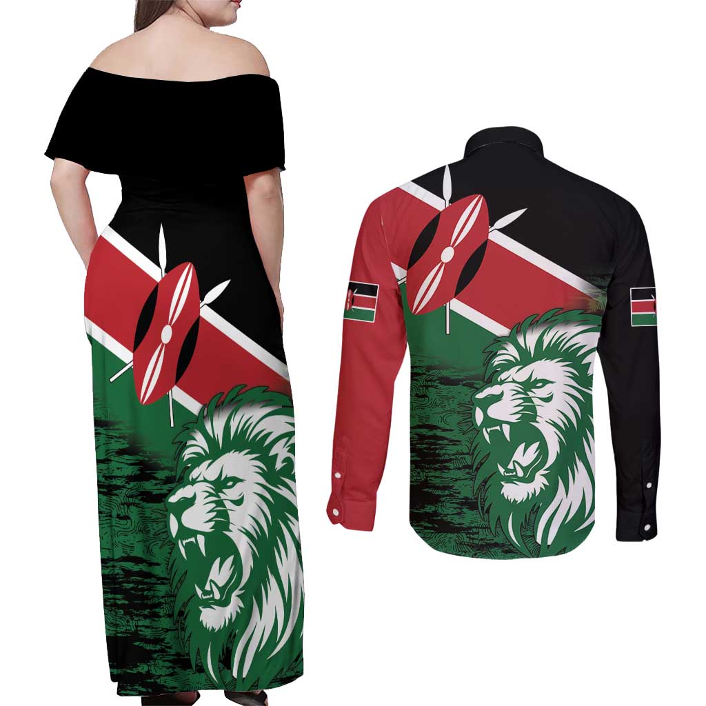 Kenya Lion Head Couples Matching Off Shoulder Maxi Dress and Long Sleeve Button Shirt Flag Style - Wonder Print Shop