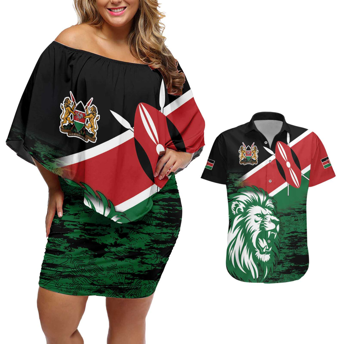 Kenya Lion Head Couples Matching Off Shoulder Short Dress and Hawaiian Shirt Flag Style - Wonder Print Shop