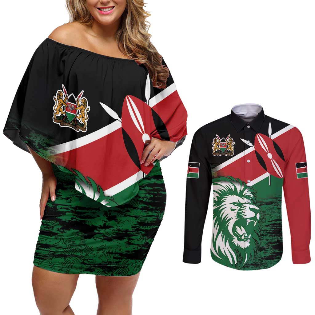 Kenya Lion Head Couples Matching Off Shoulder Short Dress and Long Sleeve Button Shirt Flag Style - Wonder Print Shop