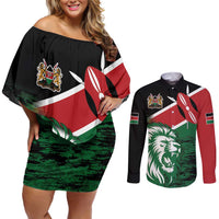 Kenya Lion Head Couples Matching Off Shoulder Short Dress and Long Sleeve Button Shirt Flag Style - Wonder Print Shop