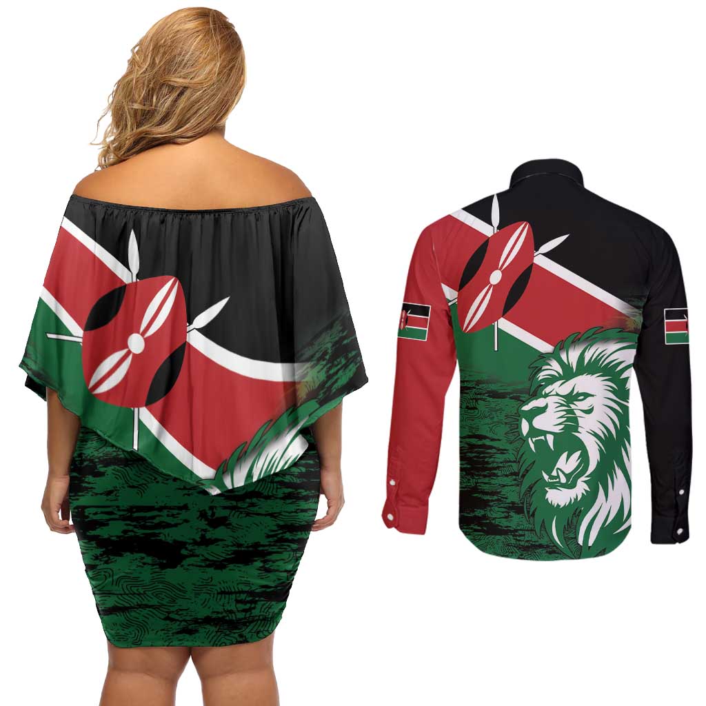 Kenya Lion Head Couples Matching Off Shoulder Short Dress and Long Sleeve Button Shirt Flag Style - Wonder Print Shop