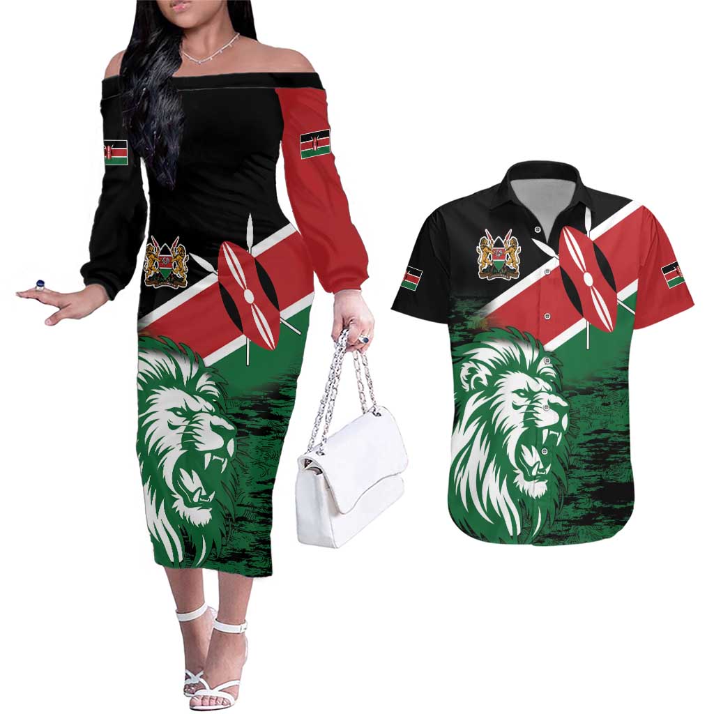 Kenya Lion Head Couples Matching Off The Shoulder Long Sleeve Dress and Hawaiian Shirt Flag Style - Wonder Print Shop
