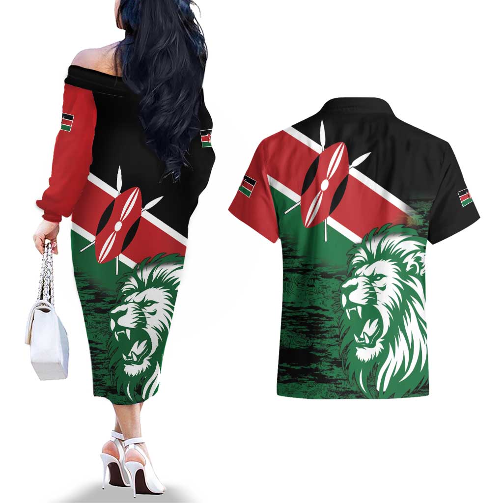 Kenya Lion Head Couples Matching Off The Shoulder Long Sleeve Dress and Hawaiian Shirt Flag Style - Wonder Print Shop