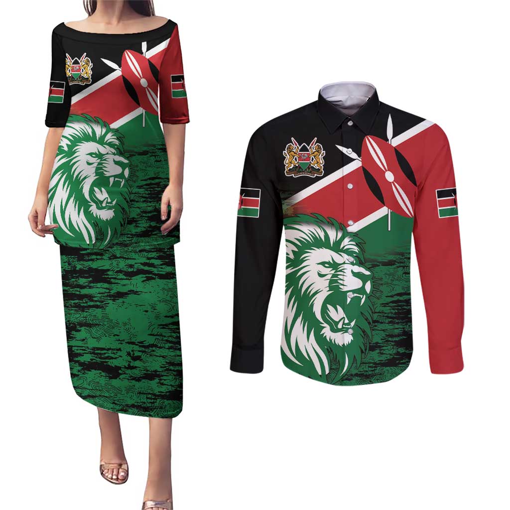 Kenya Lion Head Couples Matching Puletasi and Long Sleeve Button Shirt Flag Style - Wonder Print Shop