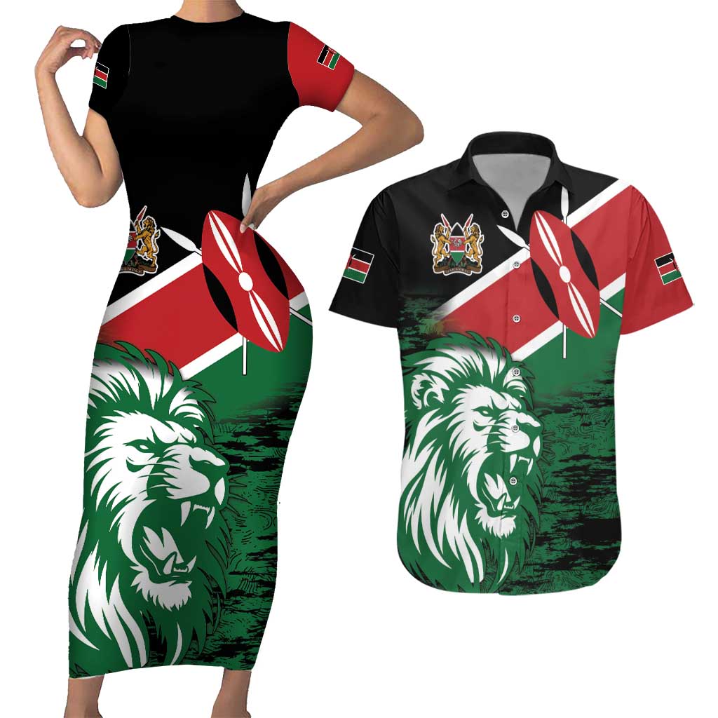 Kenya Lion Head Couples Matching Short Sleeve Bodycon Dress and Hawaiian Shirt Flag Style - Wonder Print Shop