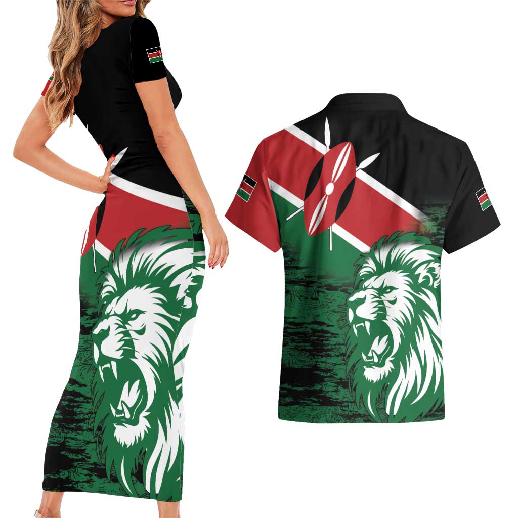 Kenya Lion Head Couples Matching Short Sleeve Bodycon Dress and Hawaiian Shirt Flag Style - Wonder Print Shop