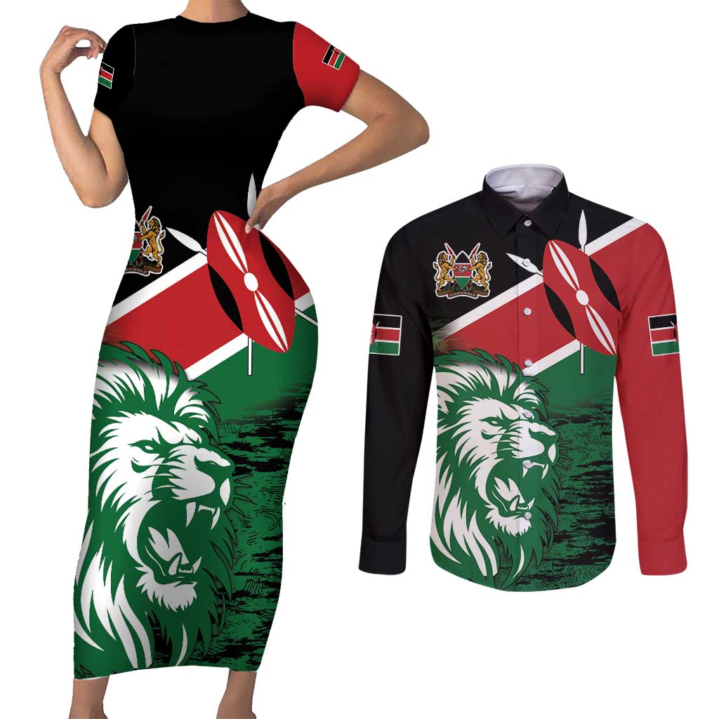Kenya Lion Head Couples Matching Short Sleeve Bodycon Dress and Long Sleeve Button Shirt Flag Style - Wonder Print Shop