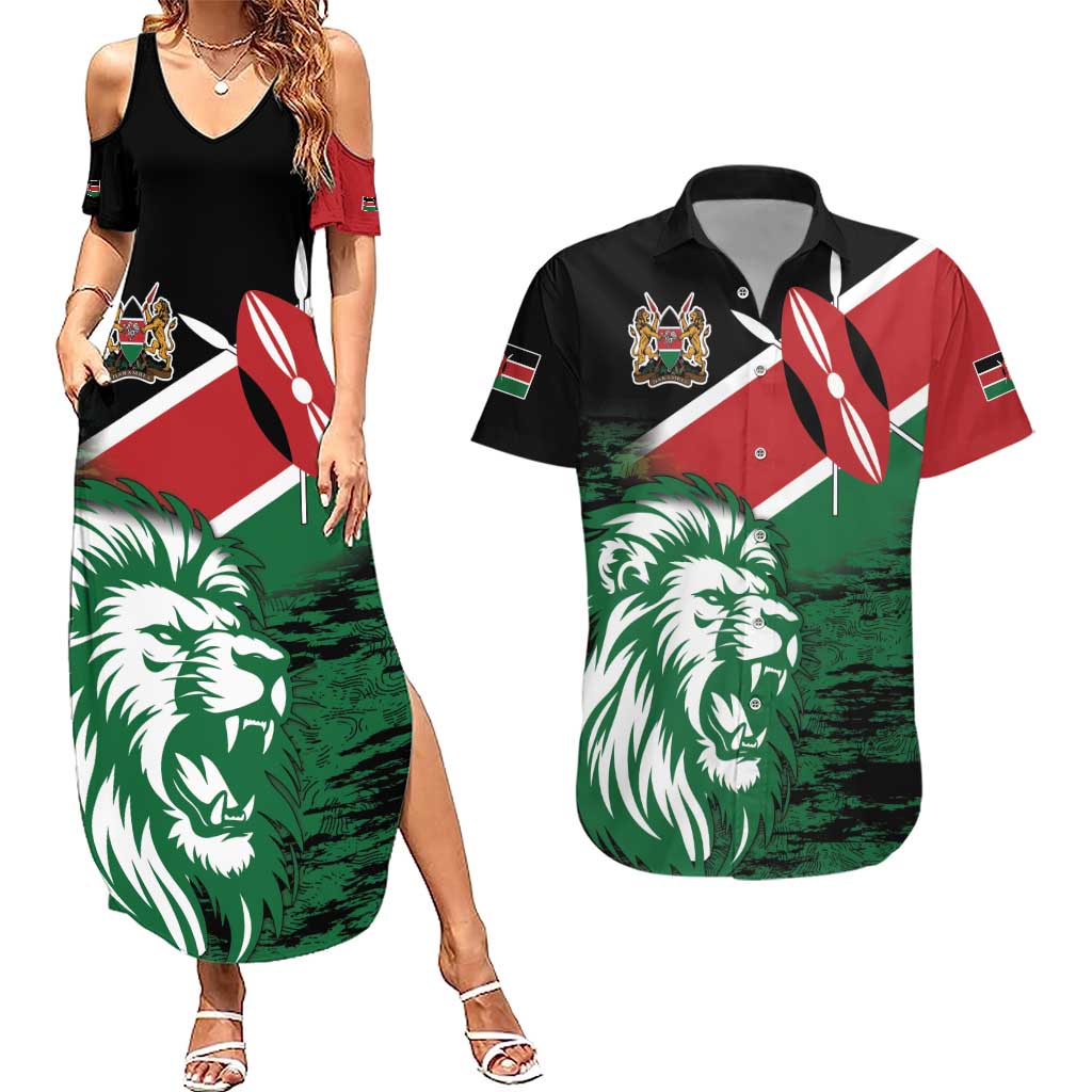 Kenya Lion Head Couples Matching Summer Maxi Dress and Hawaiian Shirt Flag Style - Wonder Print Shop