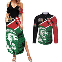 Kenya Lion Head Couples Matching Summer Maxi Dress and Long Sleeve Button Shirt Flag Style - Wonder Print Shop