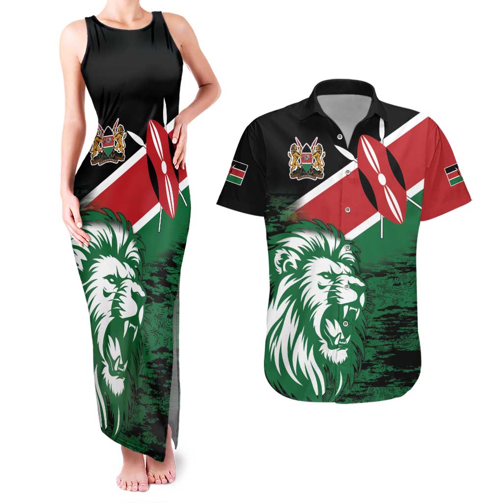 Kenya Lion Head Couples Matching Tank Maxi Dress and Hawaiian Shirt Flag Style - Wonder Print Shop