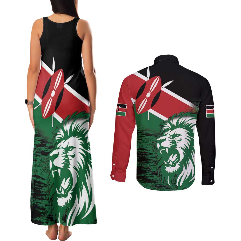 Kenya Lion Head Couples Matching Tank Maxi Dress and Long Sleeve Button Shirt Flag Style - Wonder Print Shop