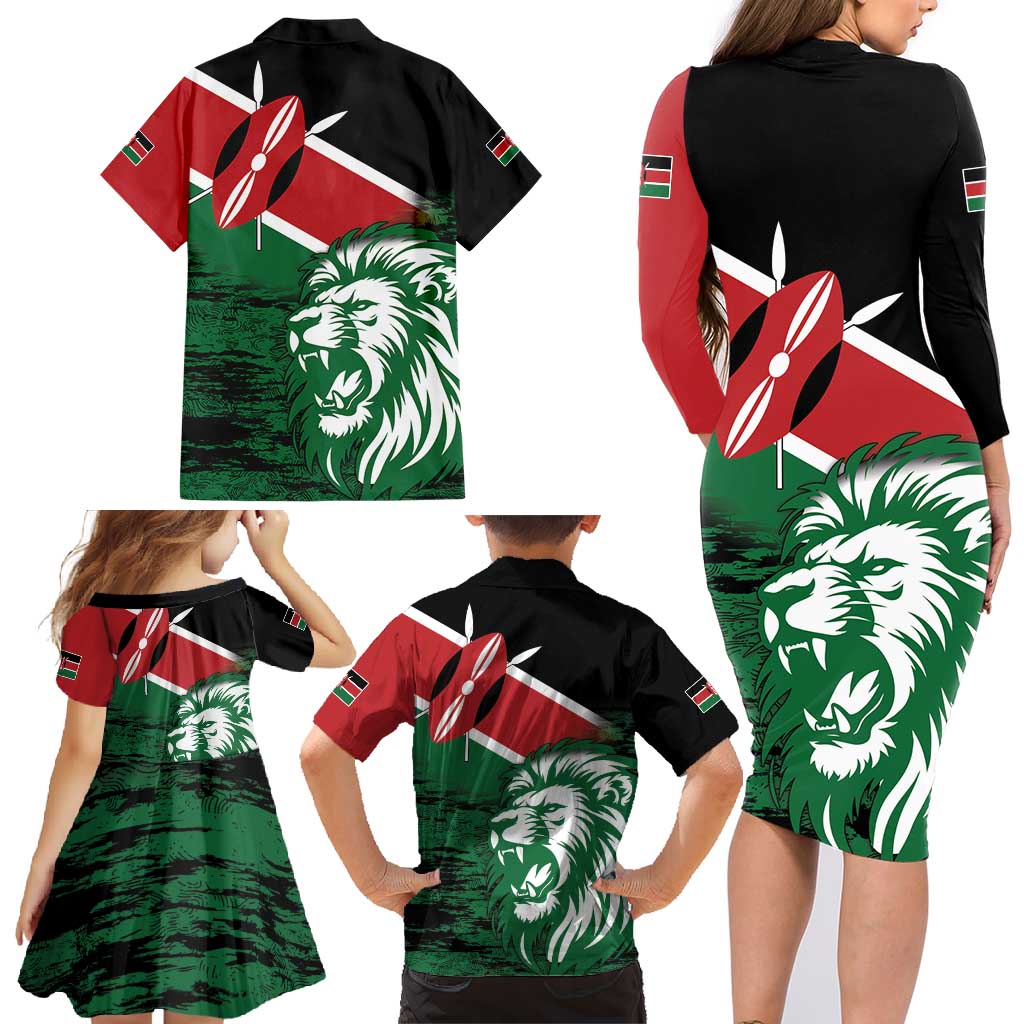 Kenya Lion Head Family Matching Long Sleeve Bodycon Dress and Hawaiian Shirt Flag Style - Wonder Print Shop
