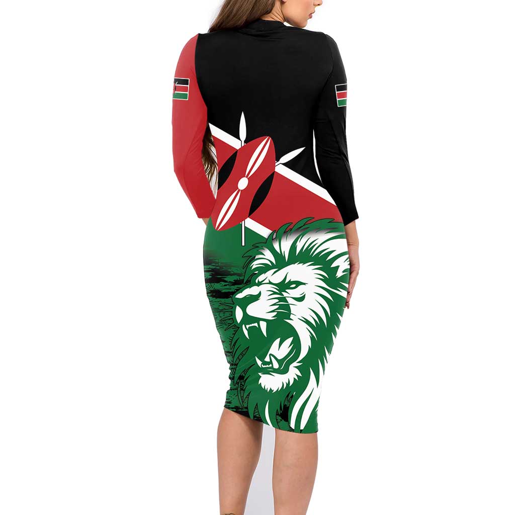 Kenya Lion Head Family Matching Long Sleeve Bodycon Dress and Hawaiian Shirt Flag Style - Wonder Print Shop