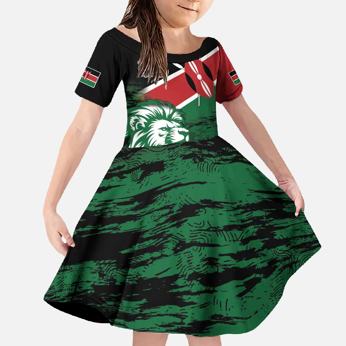 Kenya Lion Head Family Matching Off The Shoulder Long Sleeve Dress and Hawaiian Shirt Flag Style - Wonder Print Shop