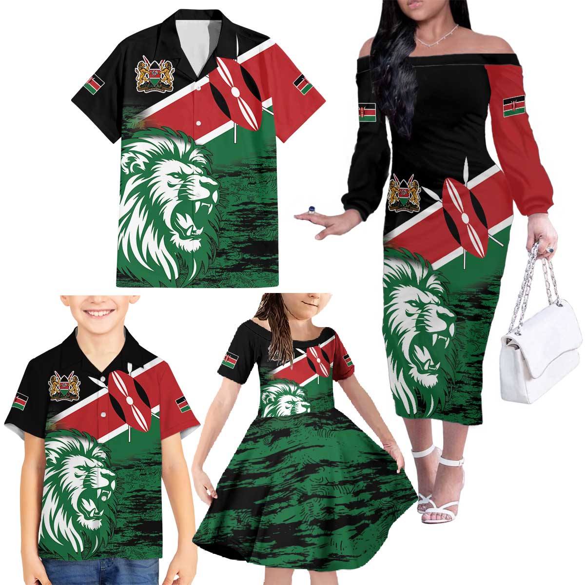 Kenya Lion Head Family Matching Off The Shoulder Long Sleeve Dress and Hawaiian Shirt Flag Style - Wonder Print Shop