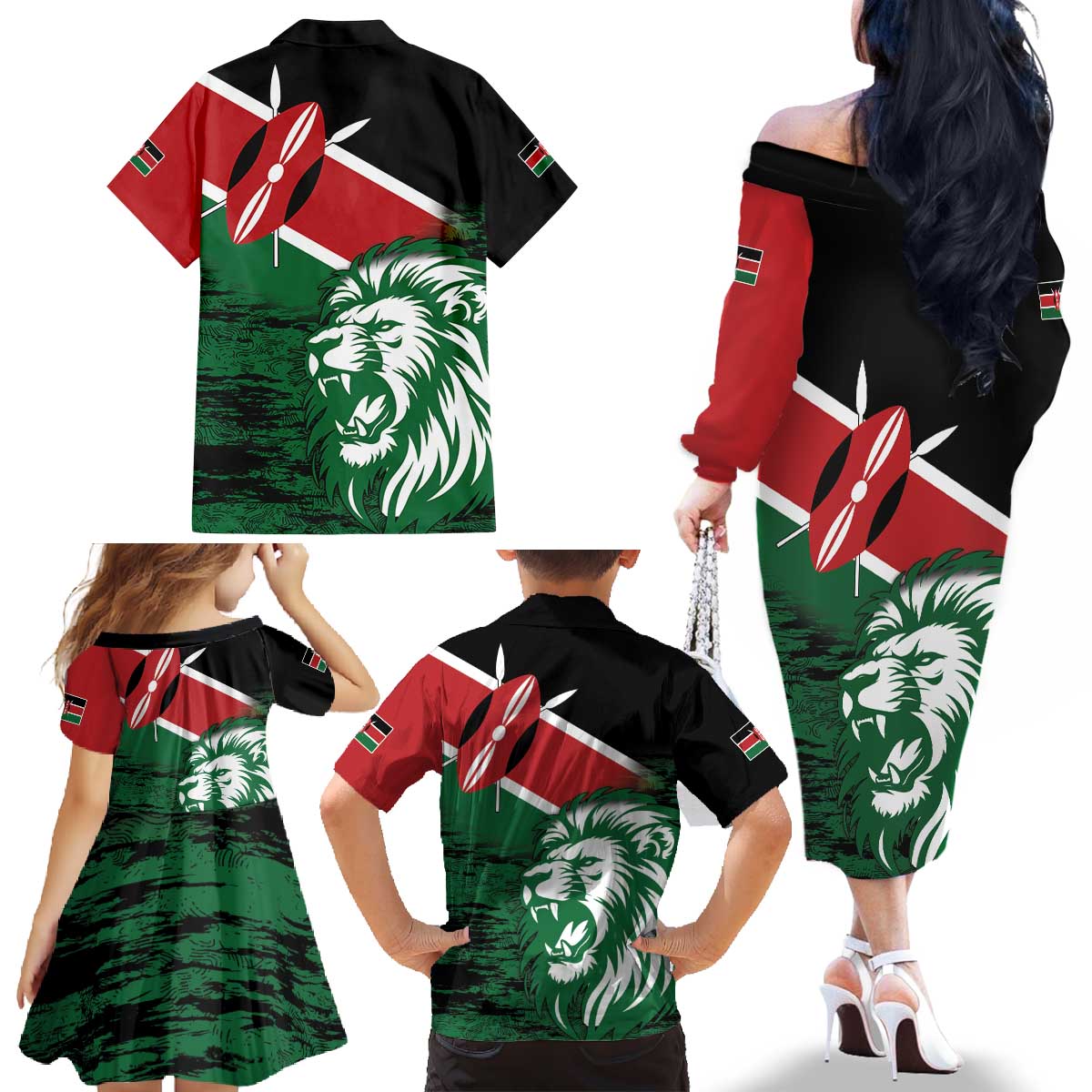 Kenya Lion Head Family Matching Off The Shoulder Long Sleeve Dress and Hawaiian Shirt Flag Style - Wonder Print Shop