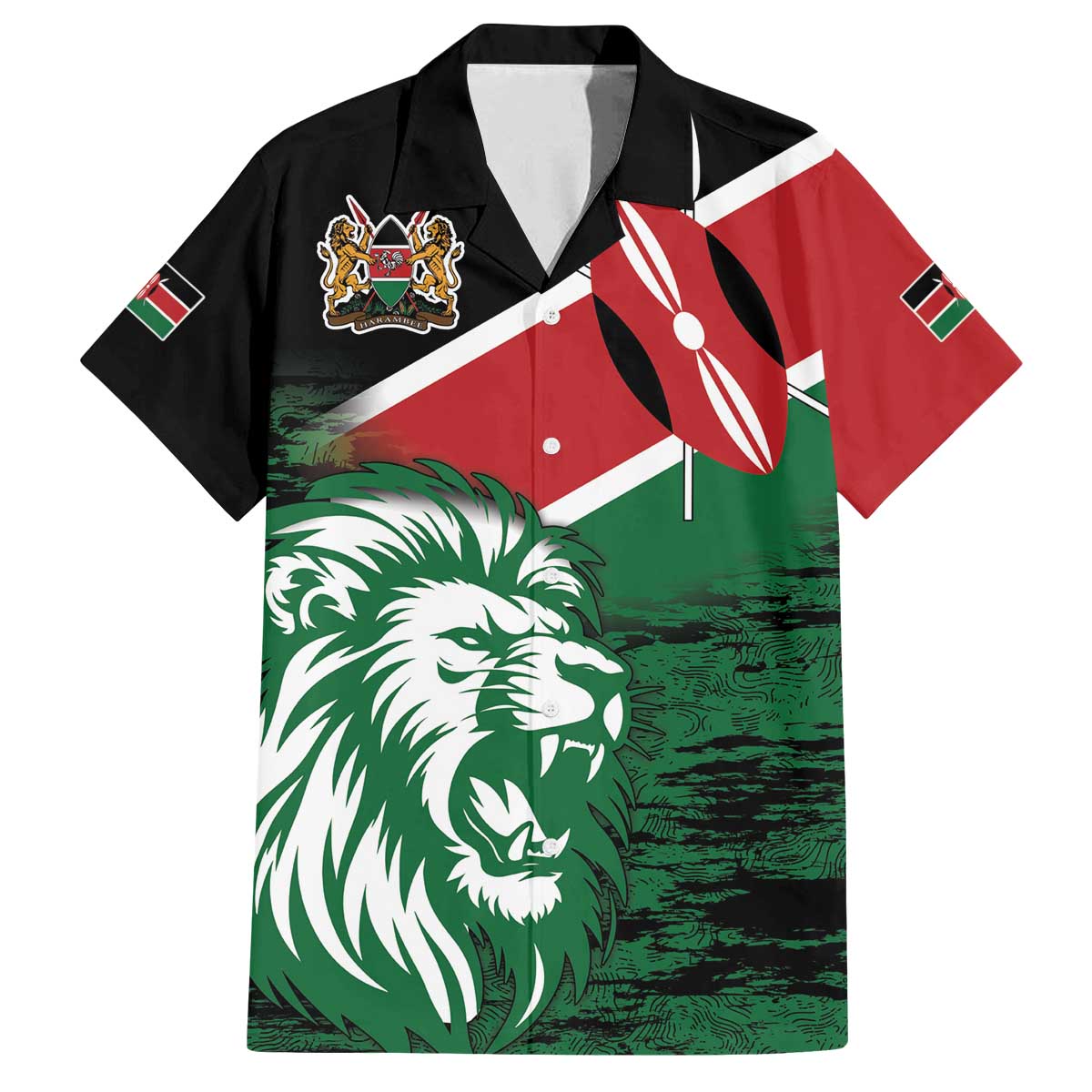Kenya Lion Head Family Matching Off The Shoulder Long Sleeve Dress and Hawaiian Shirt Flag Style - Wonder Print Shop
