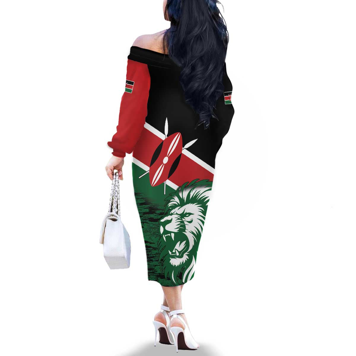 Kenya Lion Head Family Matching Off The Shoulder Long Sleeve Dress and Hawaiian Shirt Flag Style - Wonder Print Shop