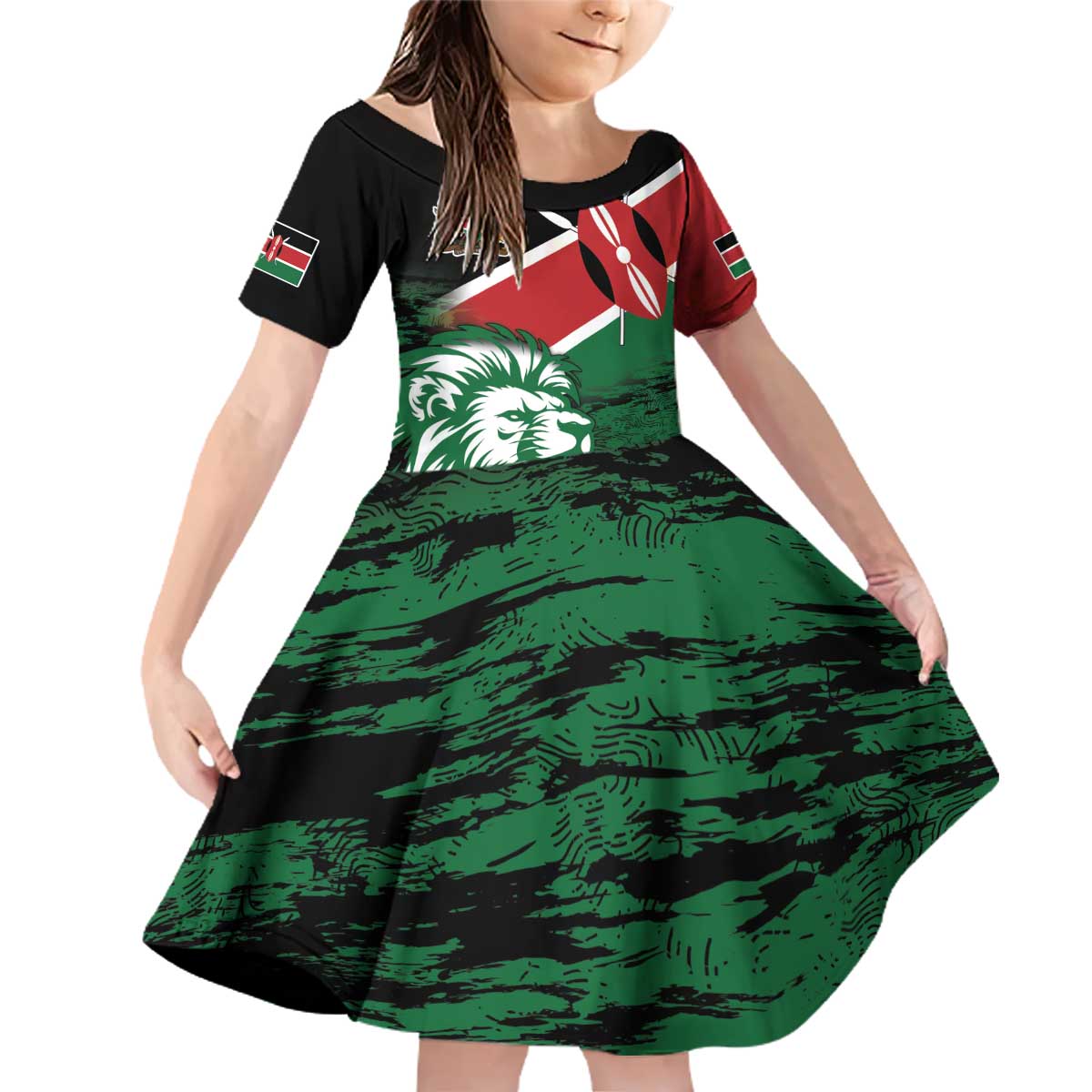 Kenya Lion Head Family Matching Off Shoulder Short Dress and Hawaiian Shirt Flag Style - Wonder Print Shop