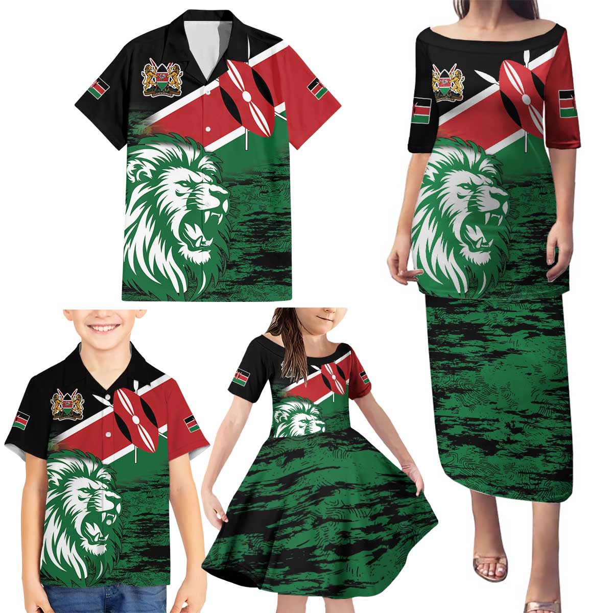 Kenya Lion Head Family Matching Puletasi and Hawaiian Shirt Flag Style - Wonder Print Shop