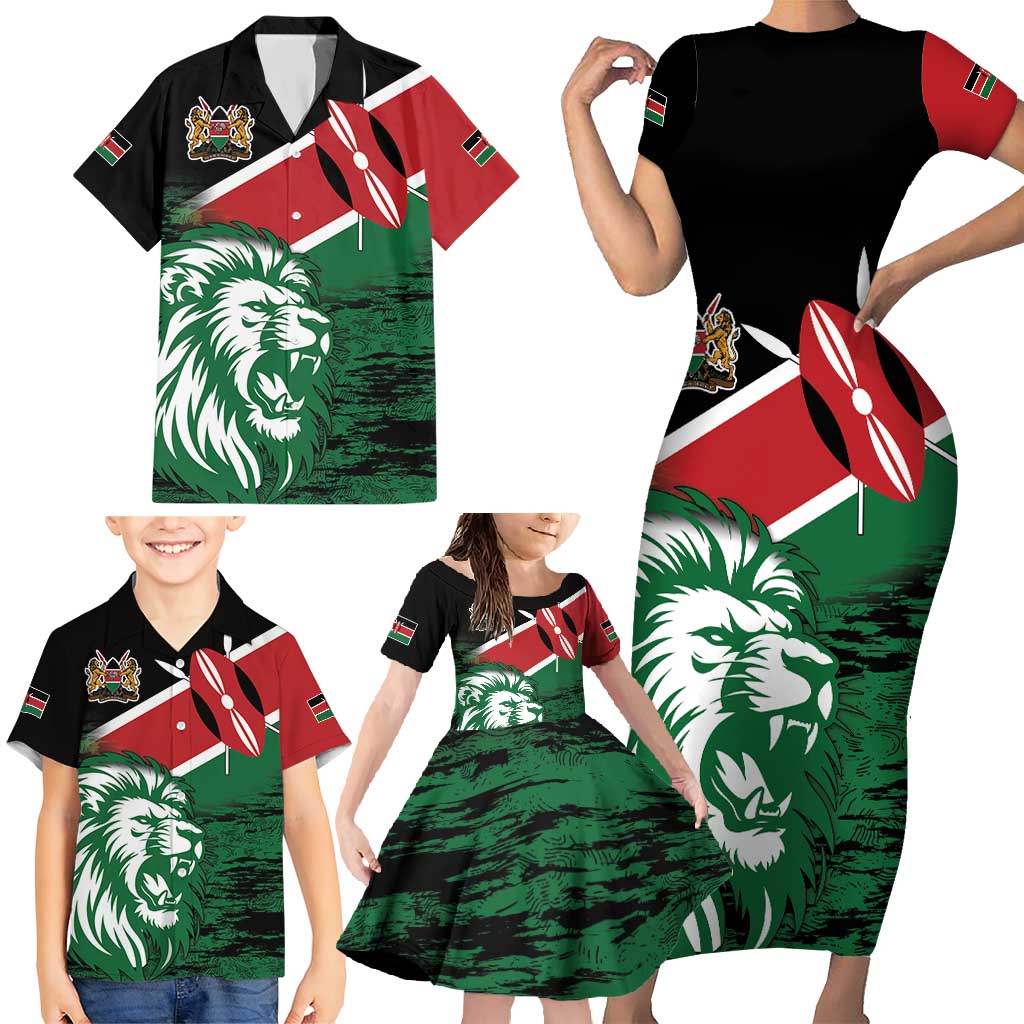 Kenya Lion Head Family Matching Short Sleeve Bodycon Dress and Hawaiian Shirt Flag Style - Wonder Print Shop