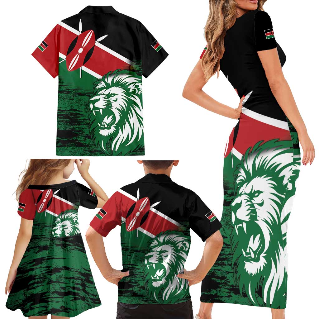 Kenya Lion Head Family Matching Short Sleeve Bodycon Dress and Hawaiian Shirt Flag Style - Wonder Print Shop