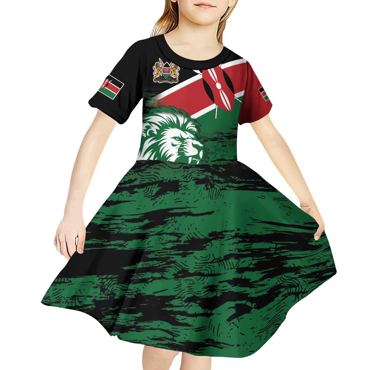 Kenya Lion Head Kid Short Sleeve Dress Flag Style - Wonder Print Shop