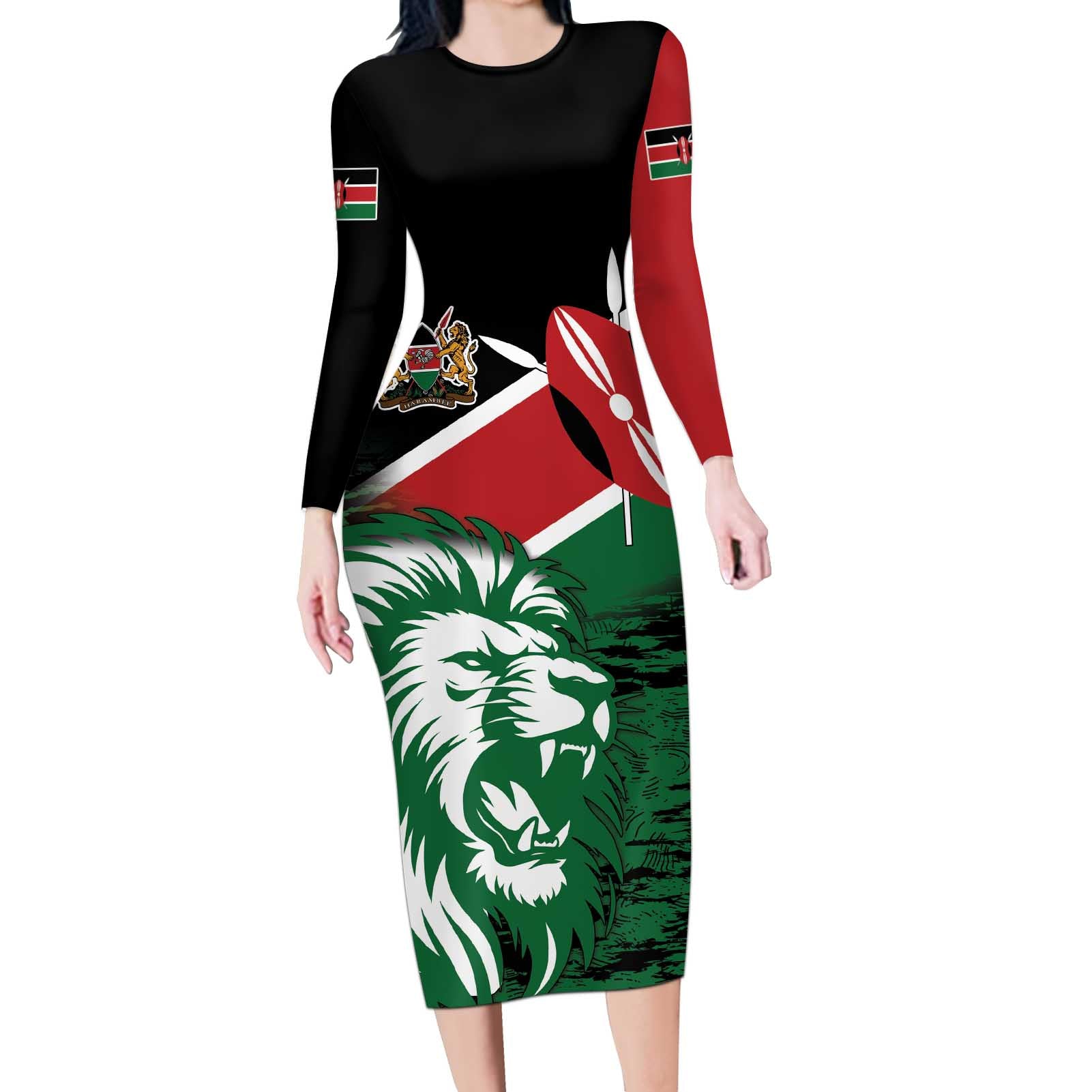 Kenya Lion Head Long Sleeve Bodycon Dress Flag Style - Wonder Print Shop